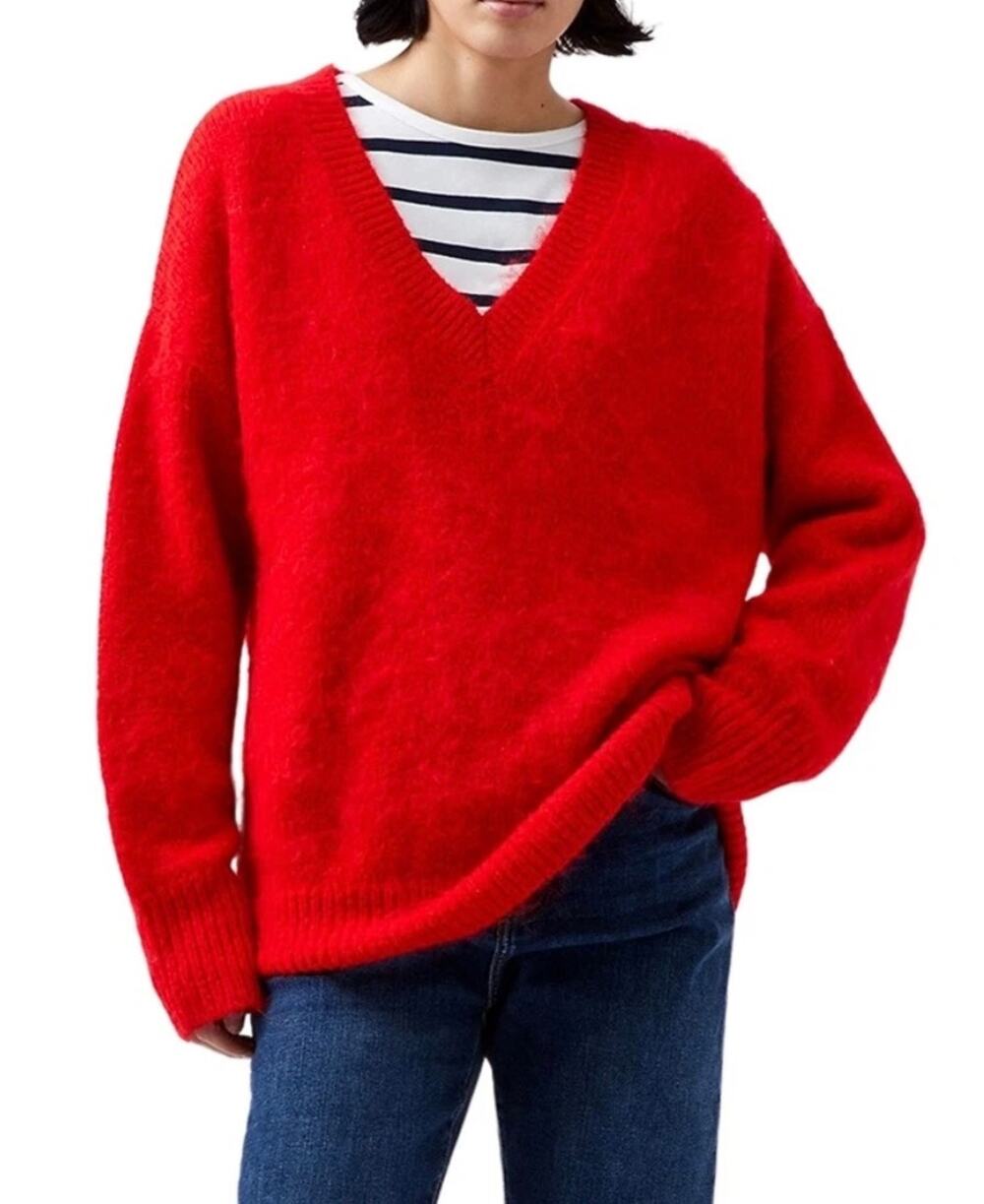 NWT French Connection Fluffy-Knit V-Neck Sweater - Red, Small